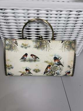 Ermo Bird Print Hard Case Clutch Purse Vintage Kiss Lock Handbag
